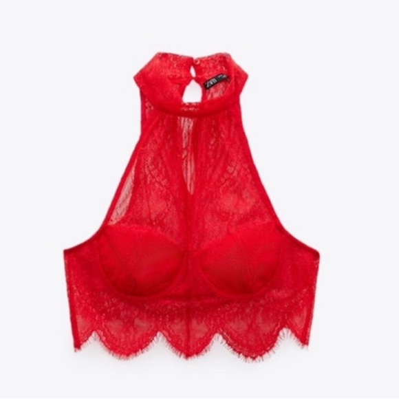MY200 NWT ZARA RED LACE HALTER TOP - Picture 1 of 4